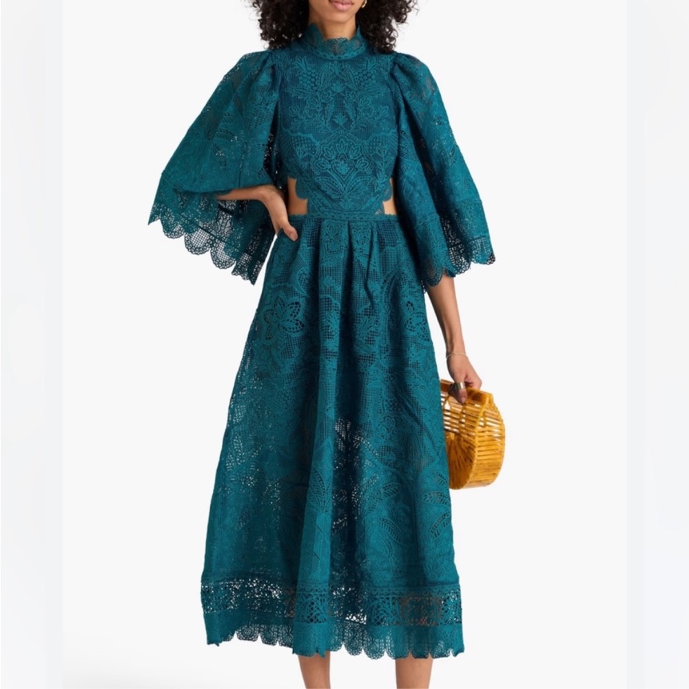 Farm Rio Lace Guipire Cutout Midi Dress in Teal